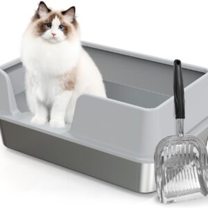Demiwise Stainless Steel Litter Box with Lid,Large Litter Metal Litter Box with High Sided, Anti-Urine Leakage, Easy Cleaning & Odor-Less, Include Metal Scoop