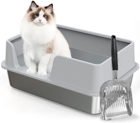 Demiwise Stainless Steel Litter Box with Lid,Large Litter Metal Litter Box with High Sided, Anti-Urine Leakage, Easy Cleaning & Odor-Less, Include Metal Scoop