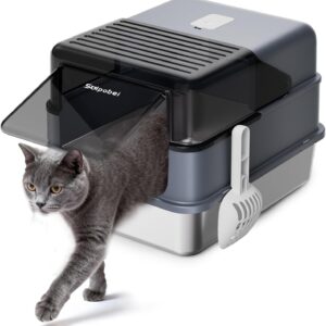 Solpobei Stainless Steel Cat Litter Box with Lid – Enclosed & Covered High-Sided Kitty Litter Box, Large or Small, Metal Litter Pan for Cats and Kittens, Odor Control, Easy Cleaning