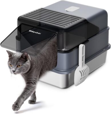Solpobei Stainless Steel Cat Litter Box with Lid – Enclosed & Covered High-Sided Kitty Litter Box, Large or Small, Metal Litter Pan for Cats and Kittens, Odor Control, Easy Cleaning
