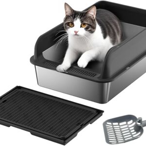 Kitty Covered Litter Box, 6'' Deep Stainless Steel Cat Litter Box Large Litter Boxes XL Metal Cat Litter Box with Lid, Cat Mat and Litter Scoop, Anti-Urine Leakage Black