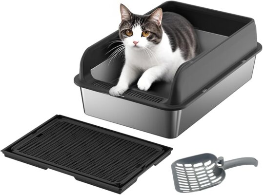 Kitty Covered Litter Box, 6'' Deep Stainless Steel Cat Litter Box Large Litter Boxes XL Metal Cat Litter Box with Lid, Cat Mat and Litter Scoop, Anti-Urine Leakage Black