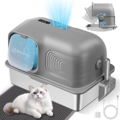 Stainless Steel Litter Box, Patented Ordor Control Technology, No Filters Needed, Convenient Flip-Top Lid, Extra Lage 65L Enclosed, Anti-Leak, Comes with Scoop & Litter Mat, Easy to Clean